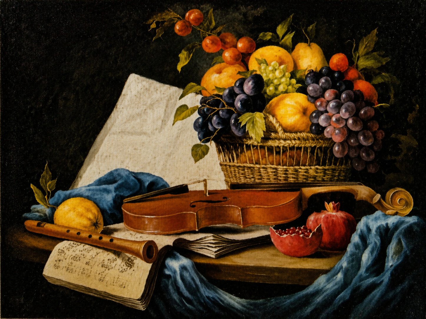 Baroque still life with fruit and violin
