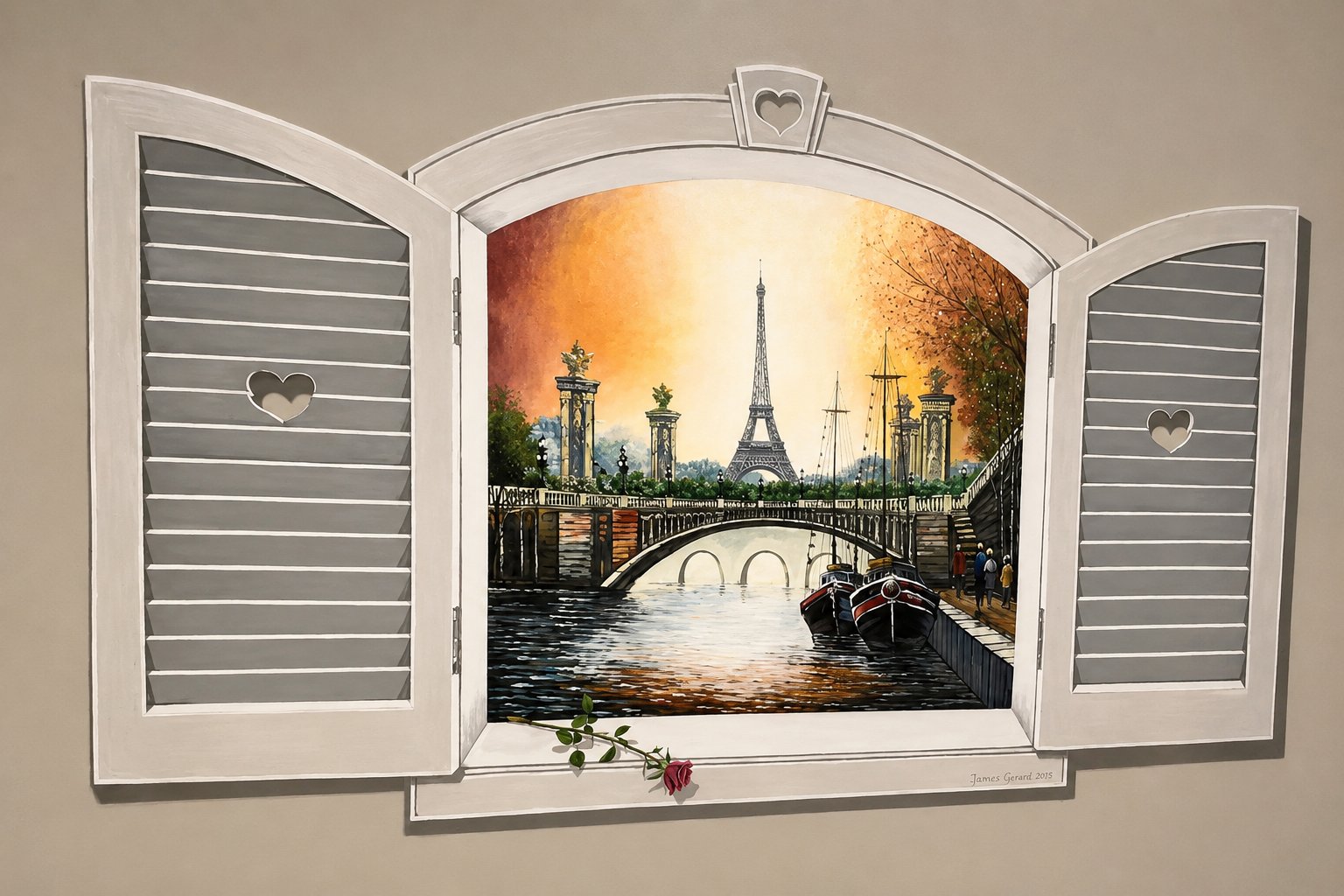 Trompe l'oeil Paris window mural with Eiffel Tower view