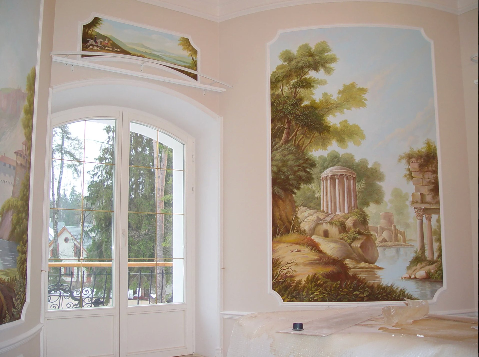 Trompe l'oeil Paris window mural with Eiffel Tower view