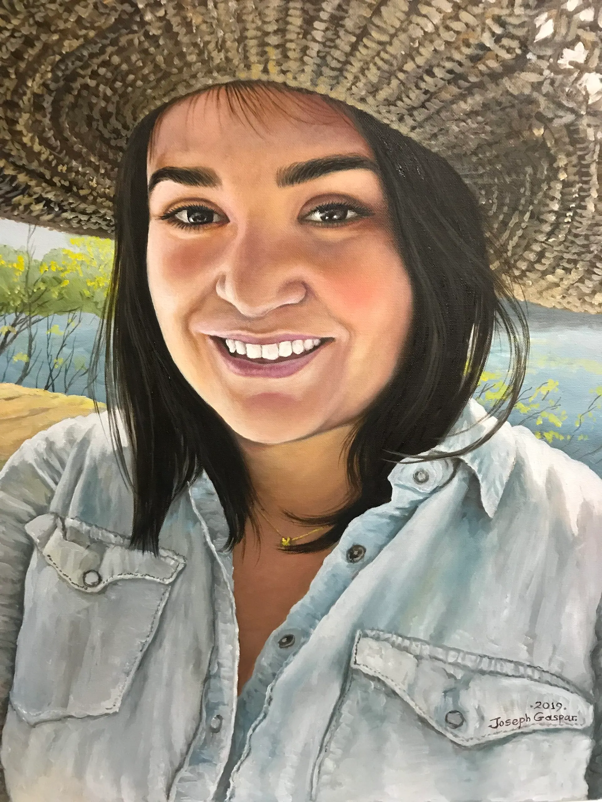 Oil portrait of a woman in a summer hat