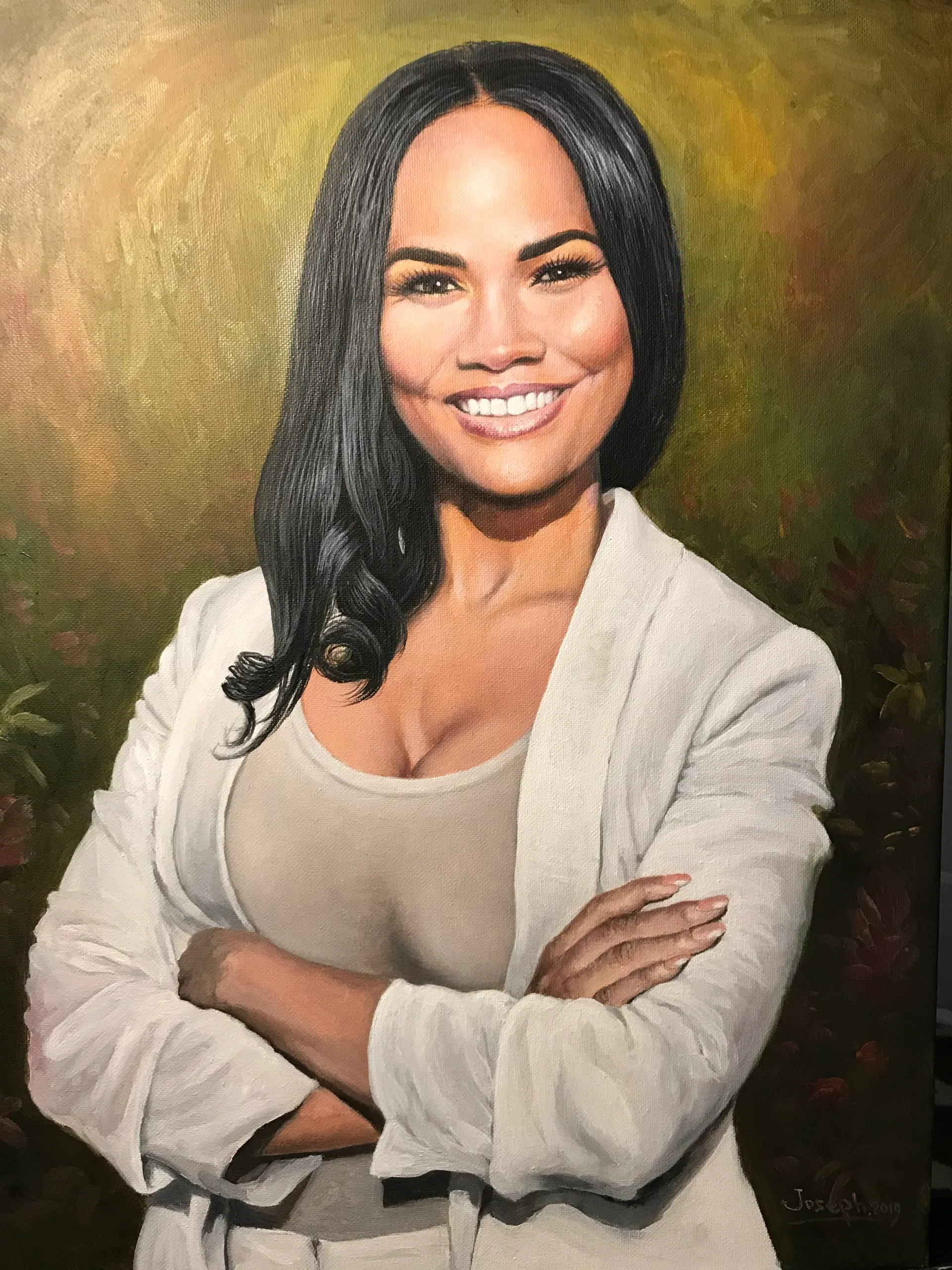Oil portrait of a woman in white jacket